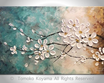 Original Impasto Abstract Art  Painting on  Gallery wrapped Canvas 36" x 18", Home Decor, -Cherry Blossoms #104 by Tomoko Koyama