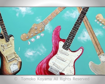 Original Painting on Canvas 24" x 48" ---3 Fenders--- Home Decor, Wall Art by Tomoko Koyama