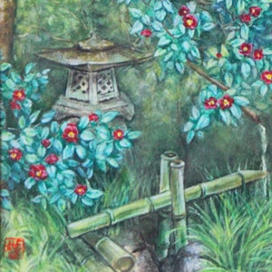 Original painting on paper "Japanese garden”  6.5" x 6" painting with 12" x 12" matboard, Traditional Japanese art by Tomoko Koyama