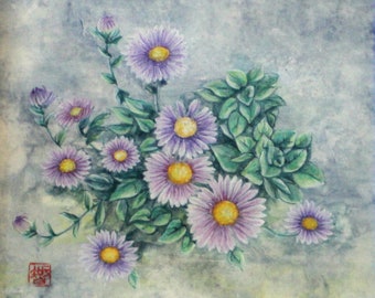 Original painting on paper,  "Chrysanthemum" Traditional Japanese art by Tomoko Koyama  6.5" x 6" painting with 12" x 12" matboard