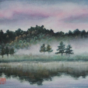 Fog in the forest, Original painting on paper, Traditional Japanese art by Tomoko Koyama  6.5" x 6" painting with 12" x 12" matboard