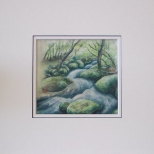 Original painting on paper,  "Stream", wall art, Traditional Japanese art by Tomoko Koyama  6.5" x 6" painting with 12" x 12" matboard