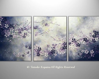 Impasto Cherry Blossom Triptych, Modern Floral Art, 54x24 Custom Painting