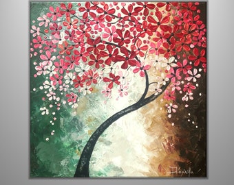 Original Modern Impasto Art  Painting on Gallery wrapped Canvas 24" x 24", Home Decor, Wall Art ---Red Blossoms---