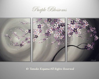 Original Modern Painting on Gallery wrapped Canvas 54" x24" Home Decor, Wall Art ---Purple Flowing  Blossoms---- by Tomoko---