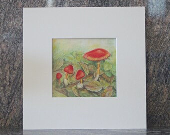 Original painting on paper, "Red Mushrooms" wall art, Traditional Japanese art by Tomoko Koyama  6.5" x 6" painting with 12" x 12" matboard