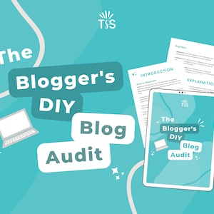 May include: A teal and white digital tablet with the text "The Blogger's DIY Blog Audit" on the screen. The tablet is on a teal background with white stars and a white laptop.