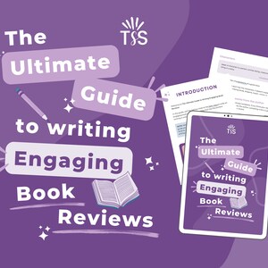 May include: A purple and white graphic design with the text "The Ultimate Guide to Writing Engaging Book Reviews" on a tablet screen. The text "TSS" is also visible on the tablet screen. The graphic design is surrounded by a purple background with white stars.