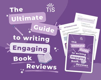 May include: A purple and white graphic design with the text "The Ultimate Guide to Writing Engaging Book Reviews" on a tablet screen. The text "TSS" is also visible on the tablet screen. The graphic design is surrounded by a purple background with white stars.