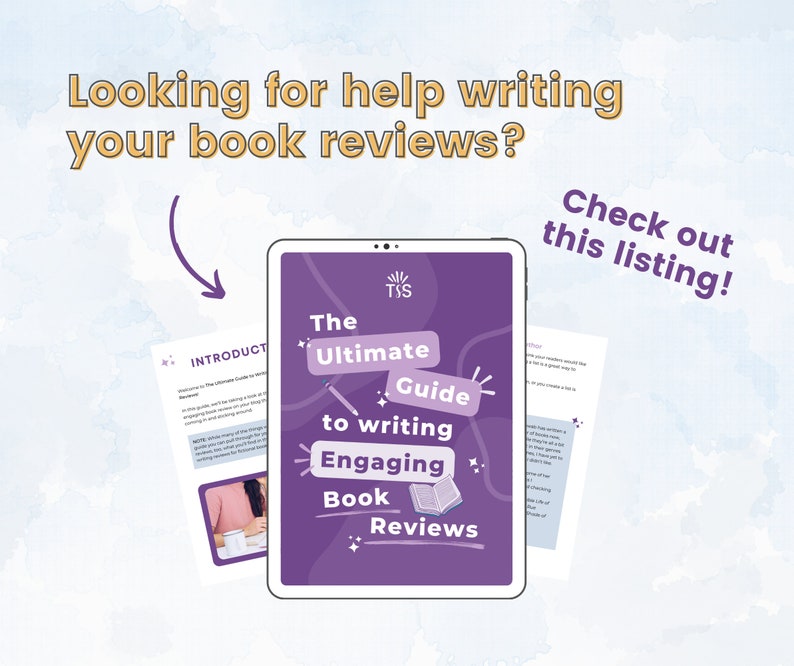 May include: A purple and white digital tablet displaying a guide to writing engaging book reviews. The guide is titled "The Ultimate Guide to Writing Engaging Book Reviews".