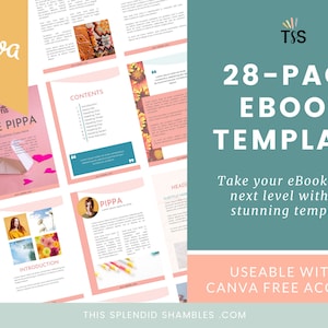 Pode incluir: Um modelo de eBook de 28 páginas nas cores rosa e turquesa. O modelo apresenta uma variedade de elementos de design, incluindo corações, flores e formas geométricas. O texto "THE PIPPA" e "28-PAGE EBOOK TEMPLATE" é visível na imagem. O texto "USEABLE WITH A CANVA FREE ACCOUNT" também é visível na imagem.