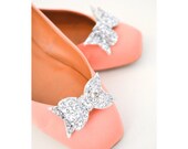 Bow Shoe Slips, Silver Glitter Bow Shoe Clips, Silver Glitter Wedding Shoeclips, Bridesmaid Bows, Flowergirl Shoes Clip