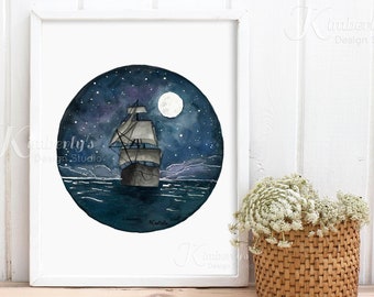 Moonlight Sailing, Giclée Print of Ink & Watercolor