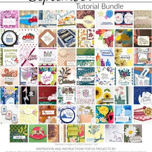 May include: A collage of 55 different card designs featuring various themes, including Christmas, birthdays, thank you, and celebrations. The designs are created using stamps and feature a variety of colors, patterns, and images. The collage is titled "September Tutorial Bundle" and includes the text "Stamped Images © 2023 Stampin' Up!" at the bottom.