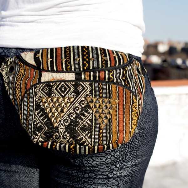 Andean textile adjustable triangle studded fanny pack- black/earth tones