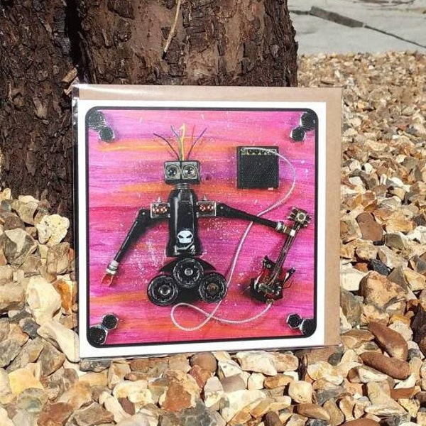 Greeting Card With Quirky Humorous Rock & Roll Robot Guitarist Recycled Art