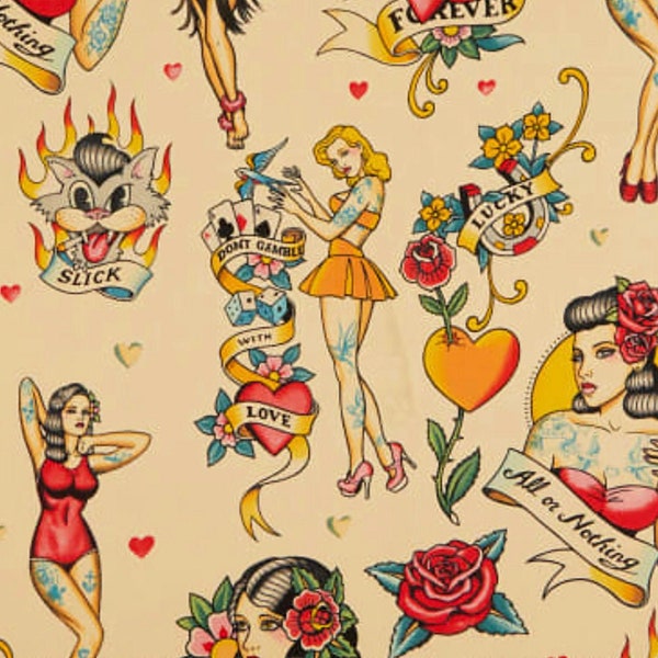 Priced per Yard - Don't Gamble With Love, Antique 8781D, Alexander Henry Fabric, Pin Up Girls, Vintage Tattoos, Cards and Dice