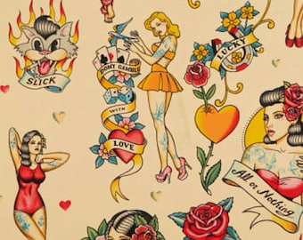 Priced per Yard - Don't Gamble With Love, Antique 8781D, Alexander Henry Fabric, Pin Up Girls, Vintage Tattoos, Cards and Dice