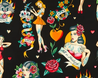 Don't Gamble With Love, Black 8781C, Alexander Henry Fabric, Pin Up Girls, Vintage Tattoos, Cards and Dice, By The Yard