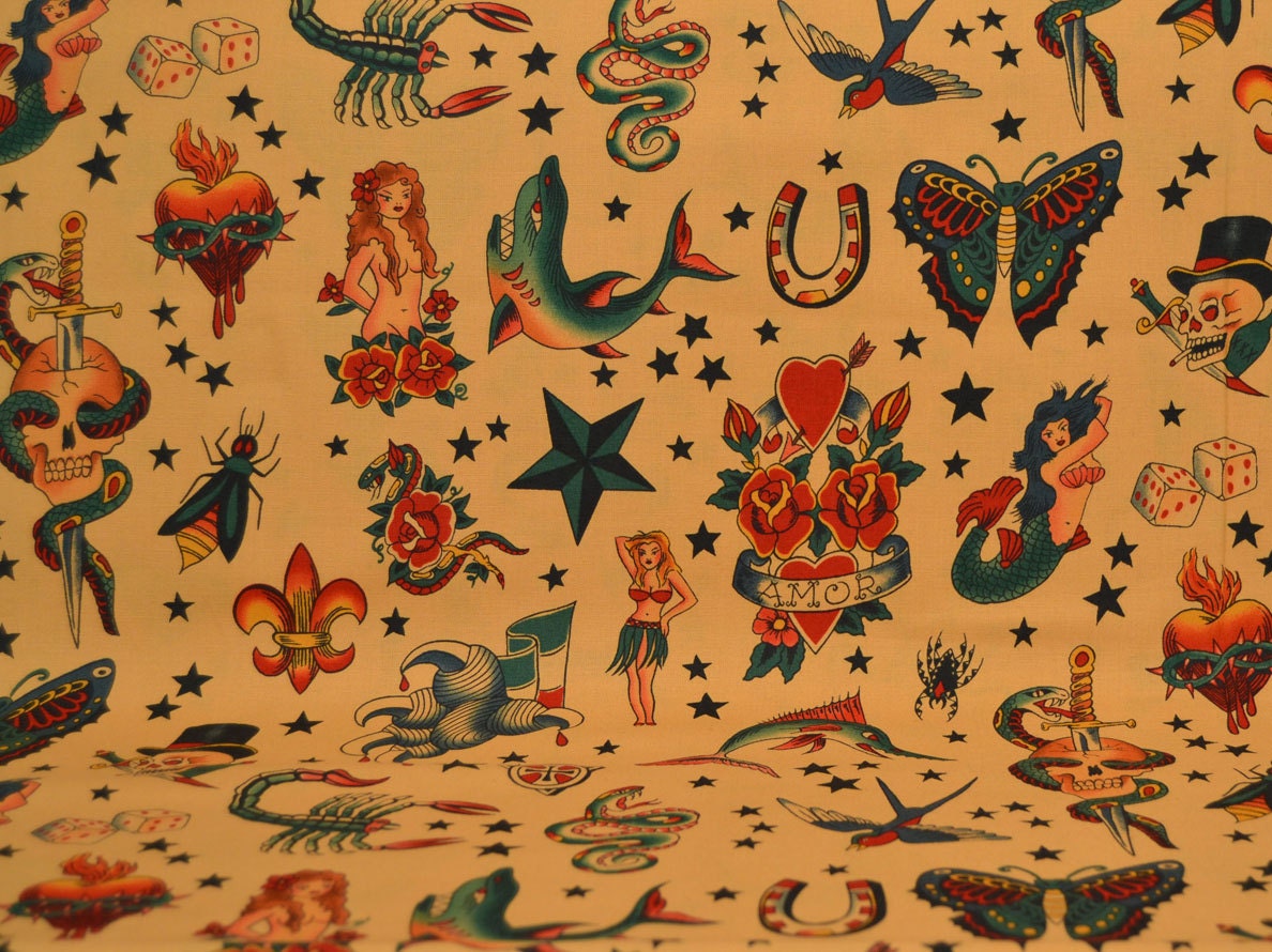 Vintage Tattoo Print Cotton Fabric, Tea, Light Brown, Alexander Henry…