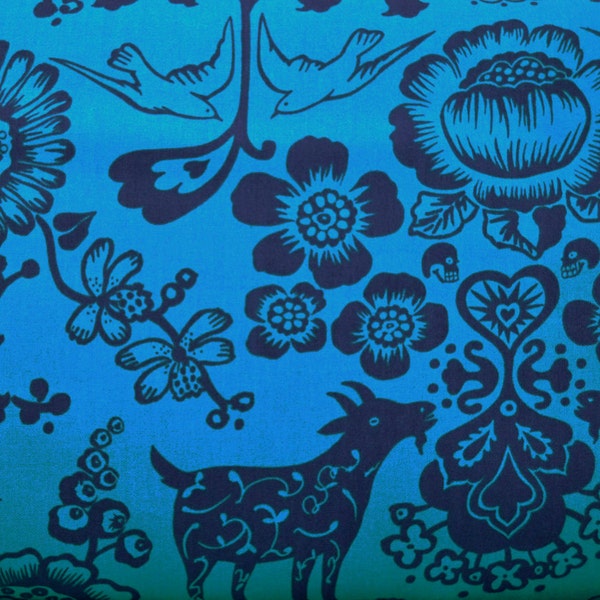 Half Yard Las Golondrinas / Azure/Dark Marine - Alexander Henry Cotton Fabric / Flowers Goats Milagros