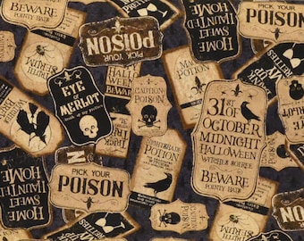 Priced per Yard - Halloween Potion Bottle Labels Fabric, Pick Your Poison, Clothworks, Witches Brew, Halloween Fabric, Black Sepia Brown