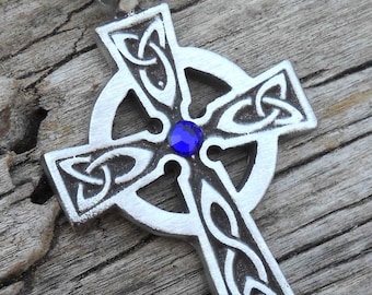 Pewter Celtic Cross Irish Wales Pendant with Swarovski Crystal Sapphire Blue SEPTEMBER Birthstone (300)