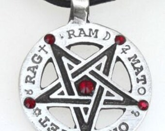 Pewter Inverted Pentagram Tetragrammaton Runes Pendant with Swarovski Crystal Red Garnet JANUARY Birthstones (55C)