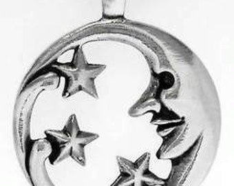 Pewter Moon Face and Stars Lunar Celestial Pagan Pendant (39E)