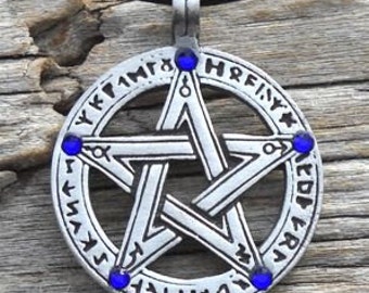 Pewter Pentagram Swarovski Crystal Pendant, Pagan Wiccan Pentacle with Runes and Sapphire Blue SEPTEMBER Birthstone (50G)