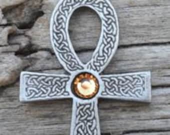 Pewter Ankh Egyptian Cross with Celtic Knots Pendant with Swarovski Crystal Gold Topaz NOVEMBER Birthstone (31G)