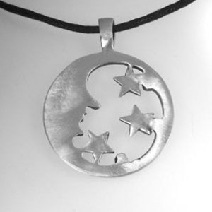 Pewter Moon Face and Stars Lunar Celestial Pagan Pendant with Swarovski Crystal Aurora Borealis APRIL Birthstone 39E image 2