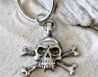 Pewter Skull and Crossbones Gothic Pirate Biker Keychain Key Ring (23E)