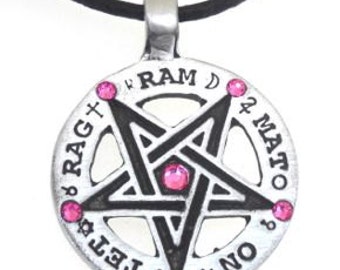 Pewter Inverted Pentagram Tetragrammaton Runes Pendant with Swarovski Crystal Pink Tourmaline OCTOBER Birthstones (55C)