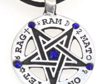 Pewter Inverted Pentagram Tetragrammaton Runes Pendant with Swarovski Crystal Sapphire Blue SEPTEMBER Birthstones (55C)