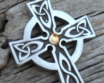 Pewter Celtic Cross Irish Wales Pendant with Swarovski Crystal Gold Topaz NOVEMBER Birthstone (300)