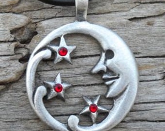 Pewter Moon Face and Stars Lunar Celestial Pagan Pendant with Swarovski Crystal Ruby Red JULY Birthstone (39E)