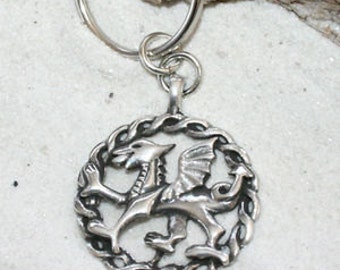 Pewter Wales Red Dragon Welsh Flag Keychain Key Ring (24G)