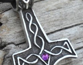 Pewter Thor's Hammer Mjolnir Norse Viking Pendant with Swarovski Crystal Purple Amethyst FEBRUARY Birthstone (39K)