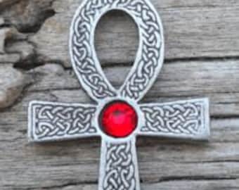 Pewter Ankh Egyptian Cross with Celtic Knots Pendant with Swarovski Crystal Ruby Red JULY Birthstone (31G)
