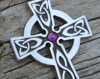 Pewter Celtic Cross Irish Wales Pendant with Swarovski Crystal Purple Amethyst FEBRUARY Birthstone (300)