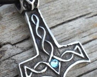 Pewter Thor's Hammer Mjolnir Norse Viking Pendant  with Swarovski Crystal Blue Aquamarine MARCH Birthstone (39K)