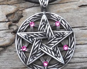 Pewter Double Pentagram Celtic Pagan Pentacle Pendant with Swarovski Crystal Pink Tourmaline OCTOBER Birthstone (56I)