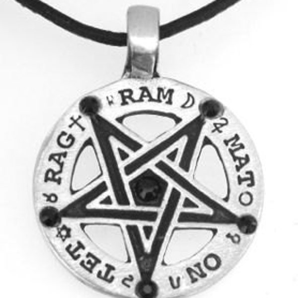 Pewter Inverted Pentagram Tetragrammaton Runes Pendant with Swarovski Black Onyx Crystal (55C)