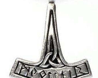 Pewter Thor's Hammer w/ Runes and Triquetra Mjolnir Norse Viking Pendant on Leather Necklace (35F)