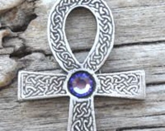 Pewter Ankh Egyptian Cross with Celtic Knots Pendant with Swarovski Crystal Lavender Tanzanite JUNE Birthstone (31G)