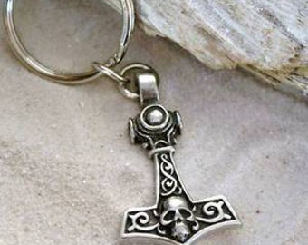 Pewter Thor's Hammer w/ Skull Mjolnir Norse Viking Keychain (39H-KC)