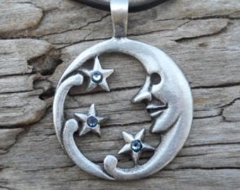Pewter Moon Face and Stars Lunar Celestial Pagan Pendant with Swarovski Crystal Aquamarine Blue MARCH Birthstone (39E)