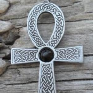 Pewter Ankh Egyptian Cross with Celtic Knots Pendant with Swarovski BLACK Onyx Crystal  (31G)