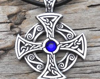 Pewter SOLAR CROSS Swarovski Crystal Celtic Druid Irish Sapphire Blue SEPTEMBER Birthstone Pendant